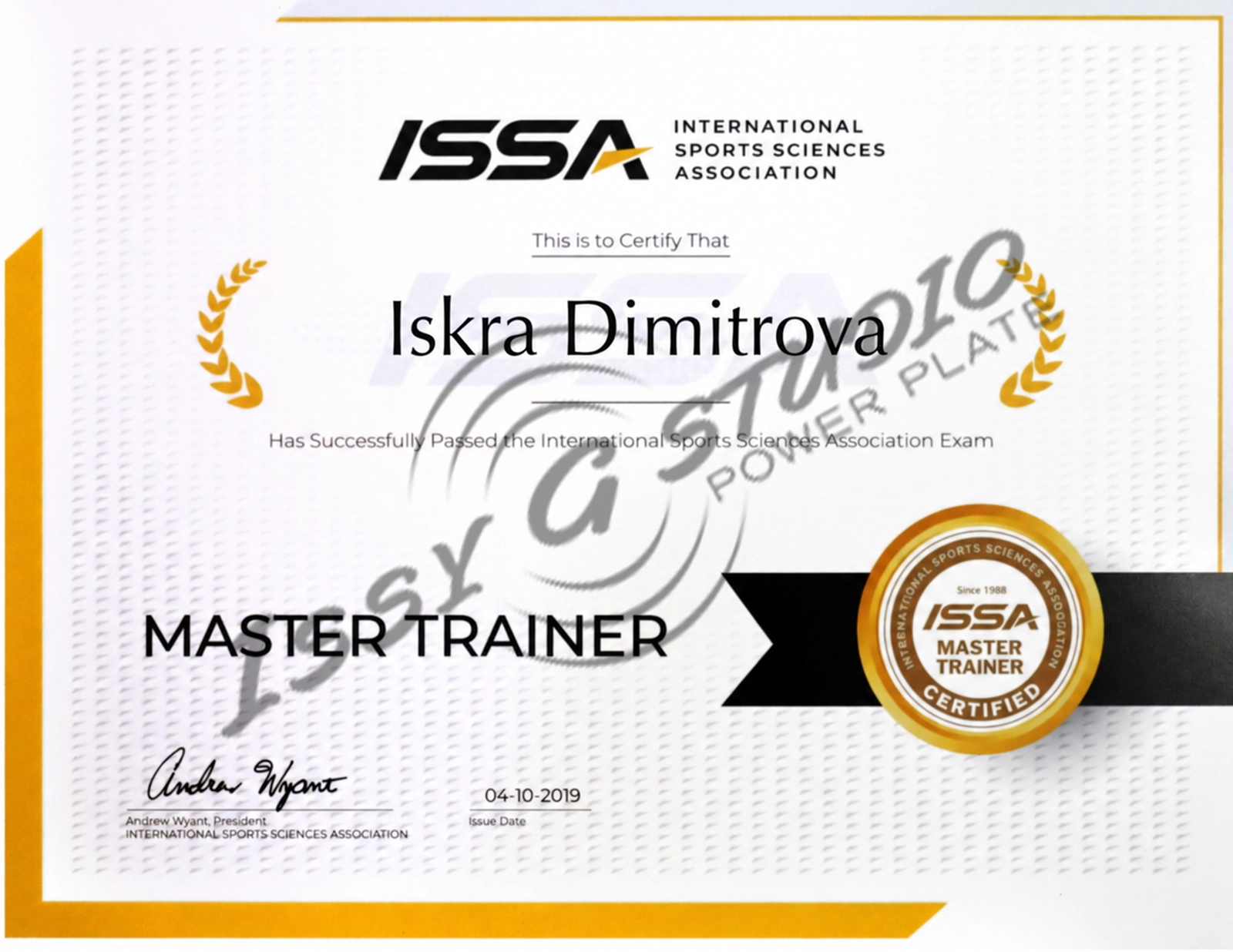 Искра Димитрова – ISSA Master Trainer Certification