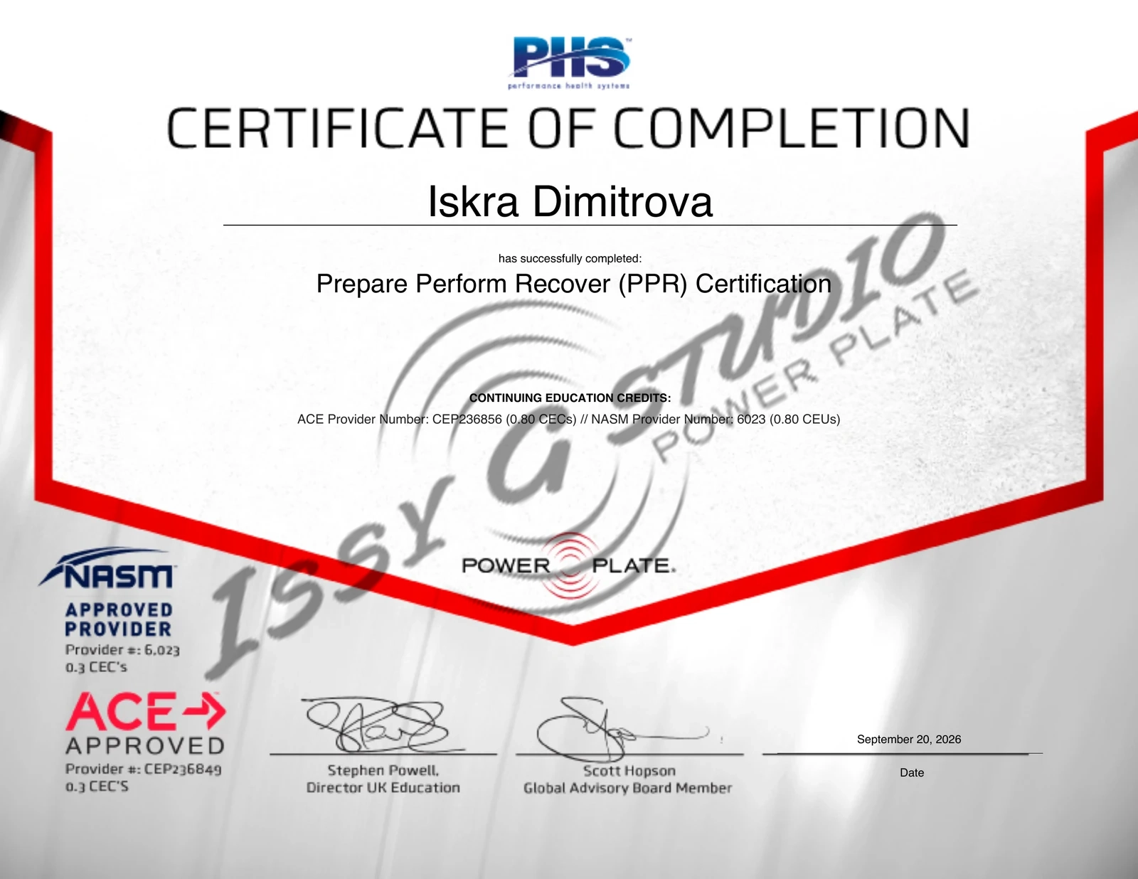 Искра Димитрова – Power Plate Prepare Perform Recover PPR Certification